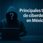 Persona encapuchada frente a una computadora portátil, representando amenazas de ciberdelito como hacking, phishing y malware en entornos digitales.