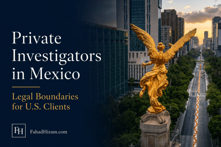 Blog cover for an article on private investigators in Mexico, showing the Angel of Independence in Mexico City with legal-boundary title text.