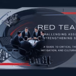 Illustration of business professionals in a strategy meeting, surrounded by chess pieces and a maze, with text promoting red teaming and critical thinking.