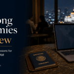 Blog cover for an Among Enemies book review, showing a Mexico passport and laptop on a hotel lounge table at night with the Mexico City skyline in the background.