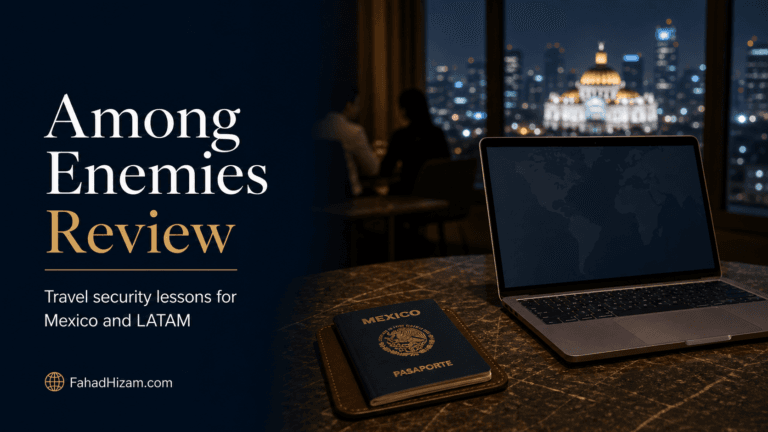 Blog cover for an Among Enemies book review, showing a Mexico passport and laptop on a hotel lounge table at night with the Mexico City skyline in the background.