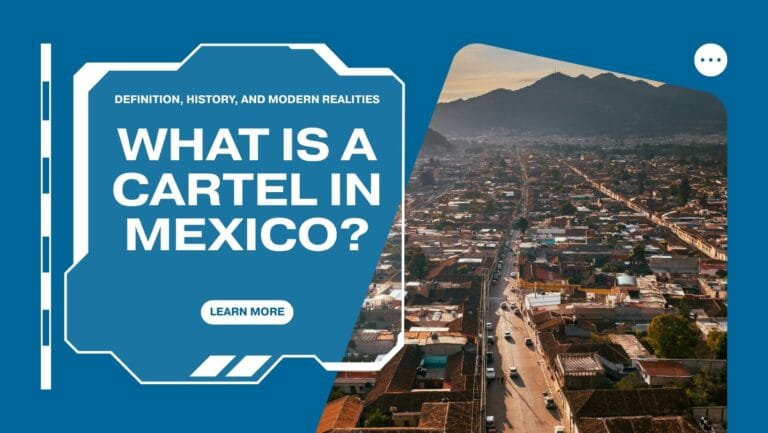 Aerial view of a Mexican city at sunset with mountains in the background, used as a cover image for an article titled “What Is a Cartel in Mexico?” about the definition, history, and modern realities of organized crime in Mexico.
