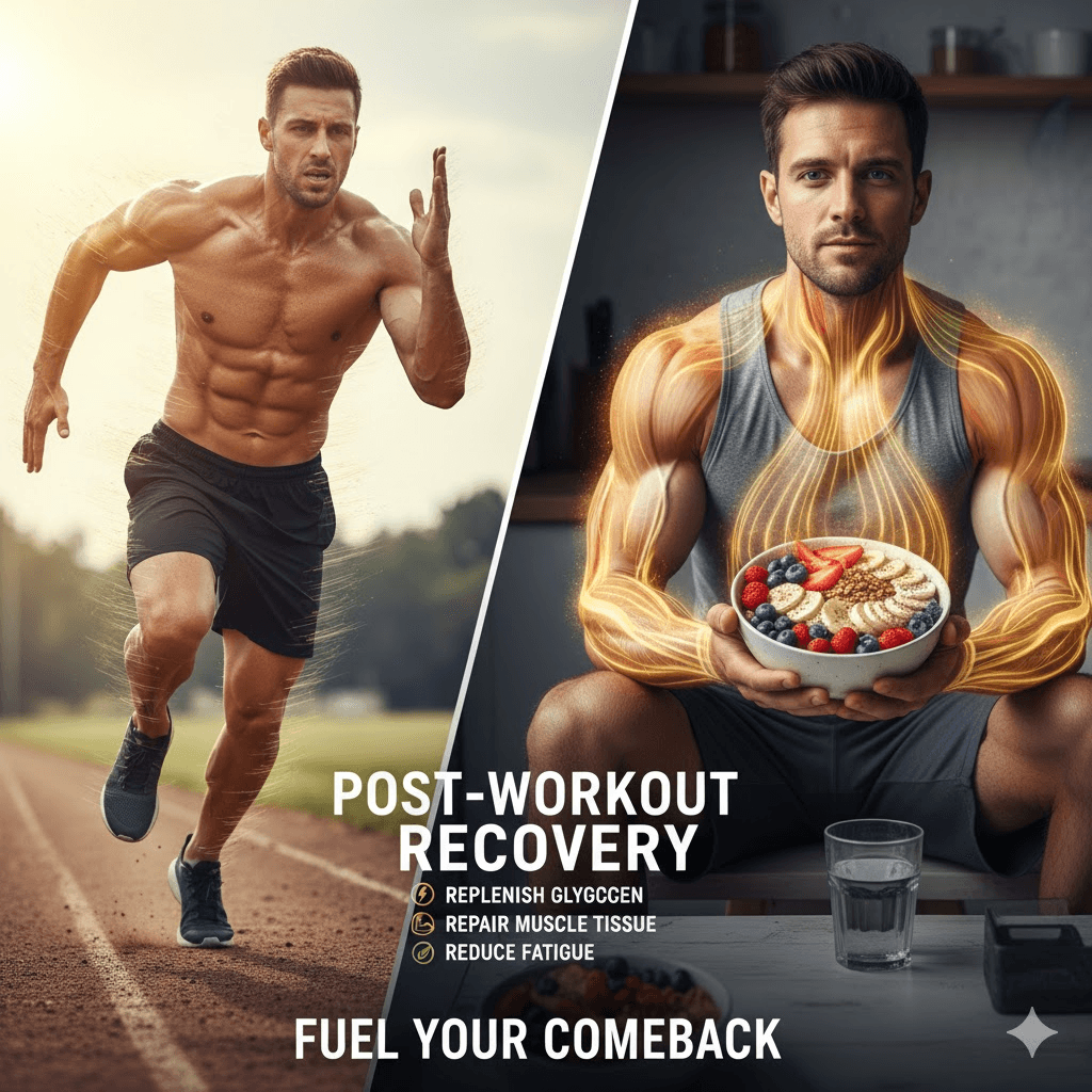 Split image of a runner and a man holding a recovery bowl, highlighting post-workout refueling and muscle repair.