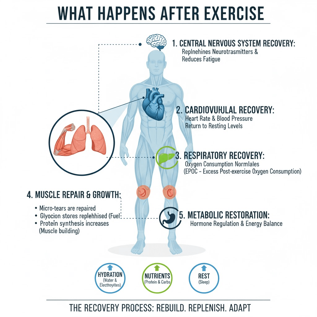 Infographic showing five stages of post-exercise recovery including nervous system reset, cardiovascular recovery, respiratory recovery, muscle repair, and metabolic restoration.