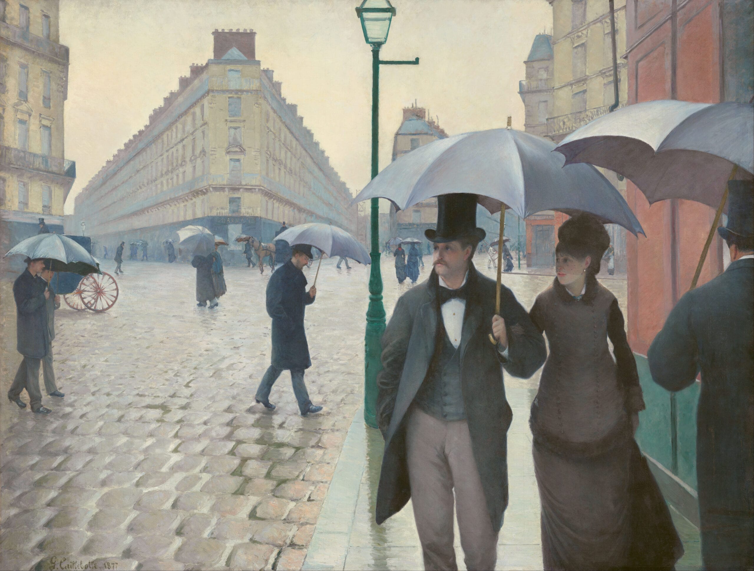 Paris Street; Rainy Day by Gustave Caillebotte showing linear perspective in a city street scene