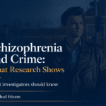 Editorial cover for “Schizophrenia and Crime: What Research Shows,” with white and gold serif text over a dark navy overlay on an urban photo of a man in a leather jacket.