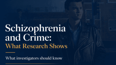 Editorial cover for “Schizophrenia and Crime: What Research Shows,” with white and gold serif text over a dark navy overlay on an urban photo of a man in a leather jacket.