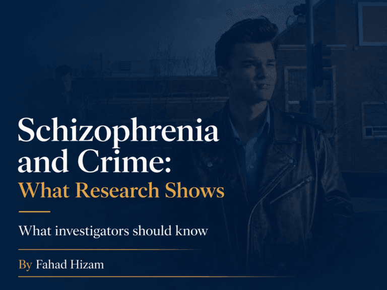 Editorial cover for “Schizophrenia and Crime: What Research Shows,” with white and gold serif text over a dark navy overlay on an urban photo of a man in a leather jacket.