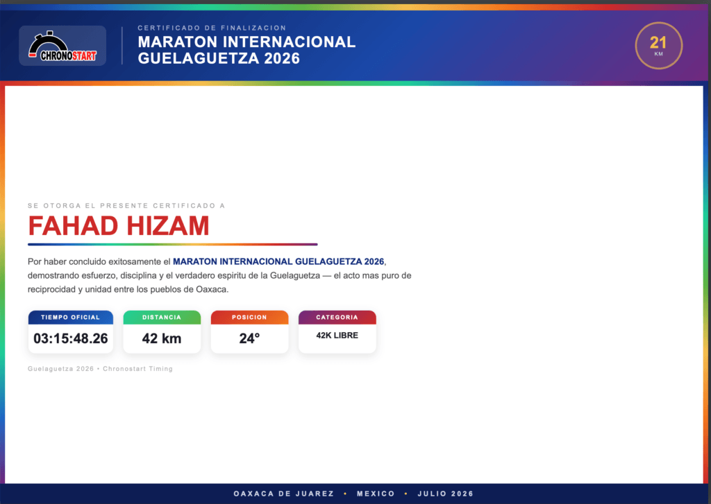 Chronostart certificate for Fahad Hizam showing 3:15:48.26 and 24th place in the 42K Libre category.