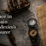 Antique map, compass, model ship and open book with the title “Insurance in New Spain Before Mexico’s First Insurer.”