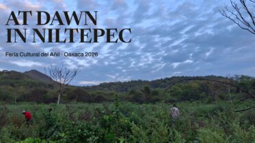 People in a green field at dawn in Niltepec, Oaxaca, with hills in the background. Text reads “At Dawn in Niltepec” and “Feria Cultural del Añil · Oaxaca 2026.”