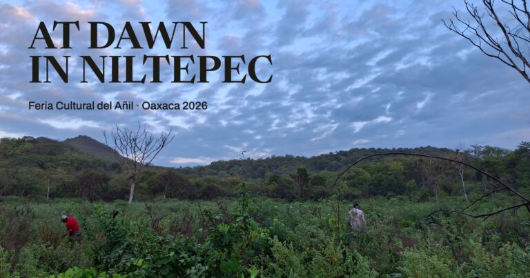 People in a green field at dawn in Niltepec, Oaxaca, with hills in the background. Text reads “At Dawn in Niltepec” and “Feria Cultural del Añil · Oaxaca 2026.”